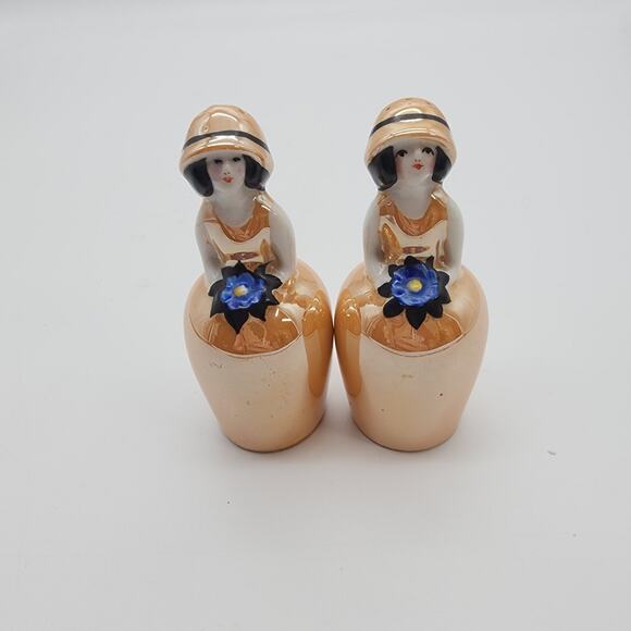 Noritake Deco Yellow Lusterware Bridesmaid Blue Flower Girl Salt & Pepper Shaker - Picture 2 of 8